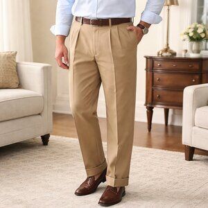 Savane Men's 40x32 Tan Pleated Cuffed Khaki Chino Dress Pants